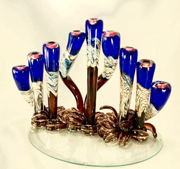 Silver Blue Glass Menorah