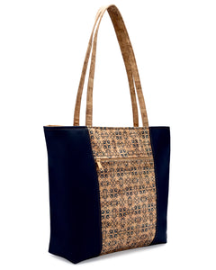 Navy Leather & Tile Print Cork Tote
