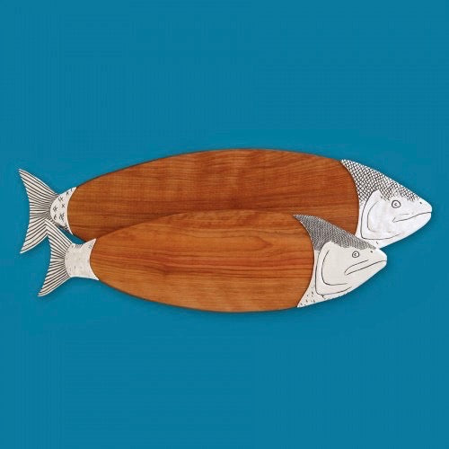 Large Vintage Cutting Board in Wood and Metal Design Fish Chopping Board  Fish Shaped Cutting Serving Wooden Board, Fish Board Display. 